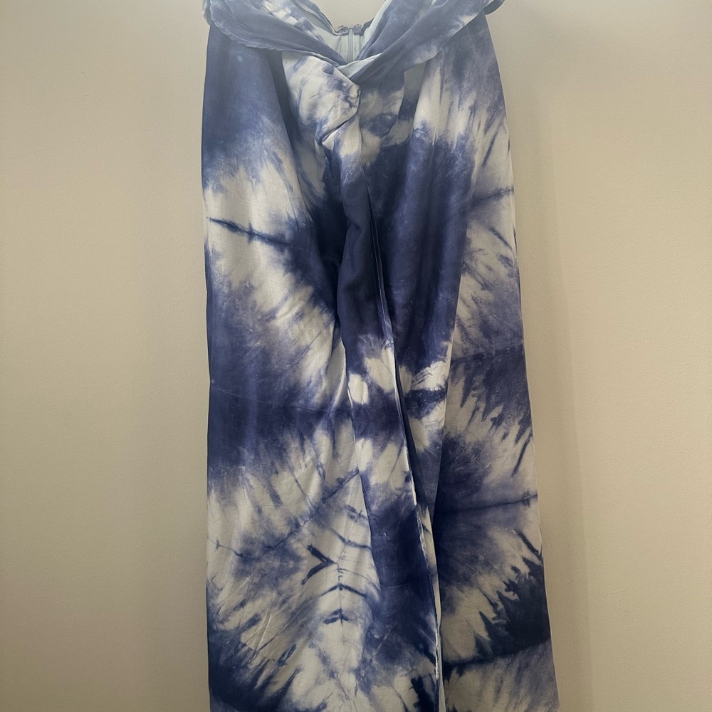 Blue and White A-line Maxi Skirt with Tie Front